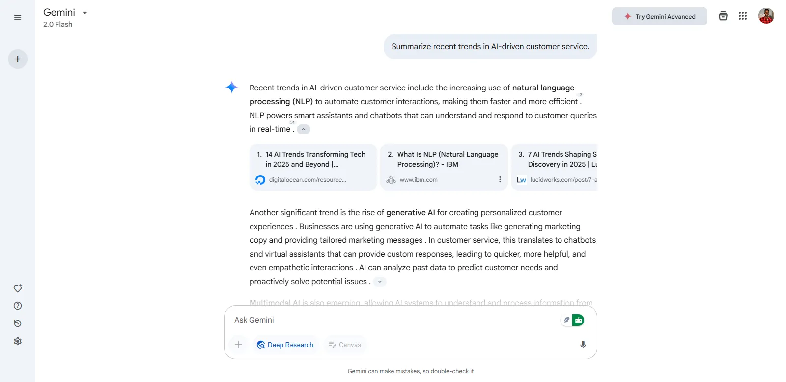 Google Gemini Deep Research summarizing AI-driven customer service trends