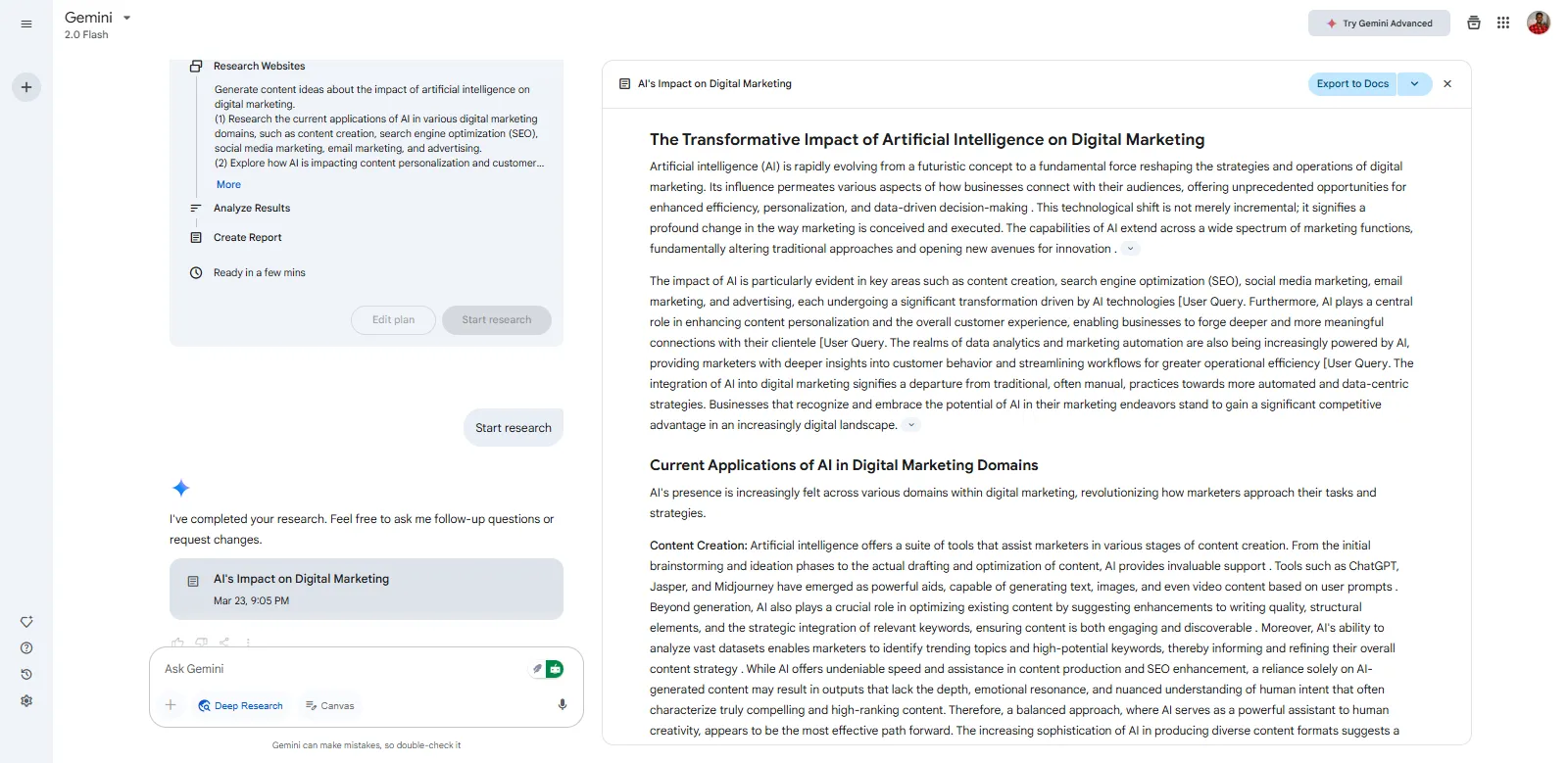 Google Gemini Deep Research generating AI-related blog content ideas