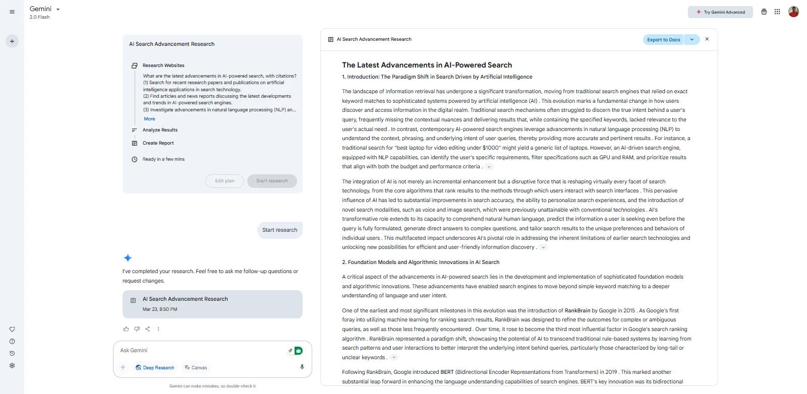 Google Gemini Deep Research academic research response with cited sources
