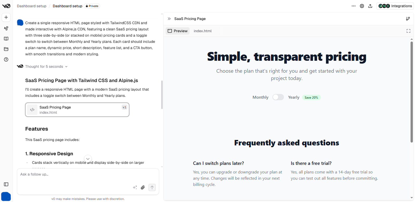 Effective prompt example in V0 generating a responsive SaaS UI layout