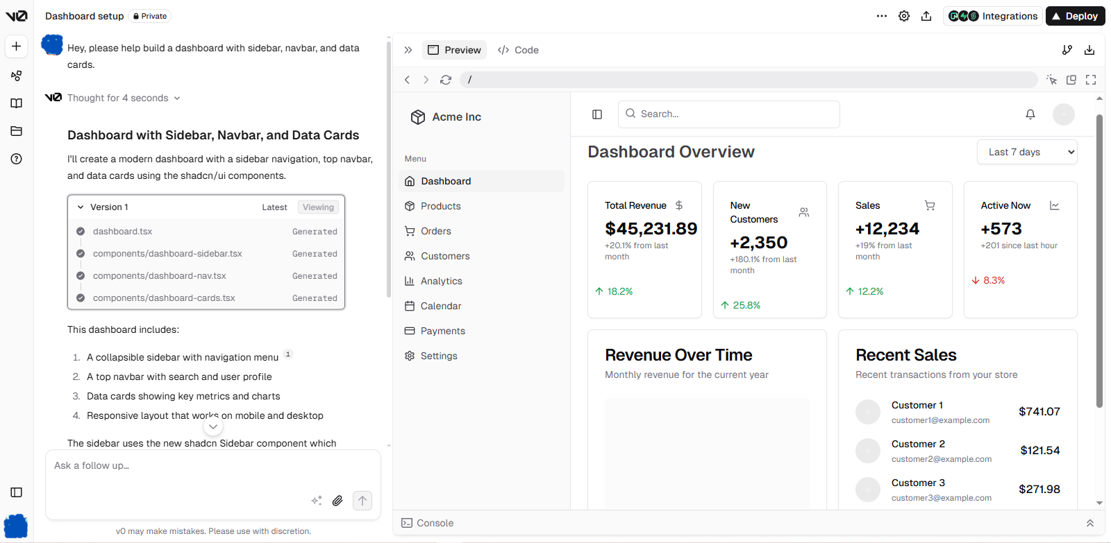 V0.dev UI showing a prompt input with a generated dashboard layout